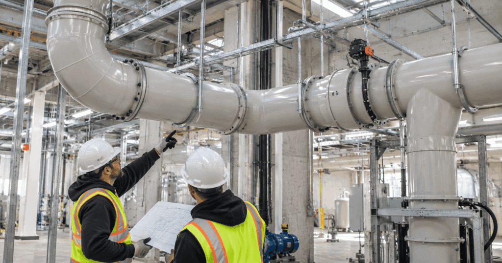 Installers checking PVC exhaust duct supports and alignment in an industrial ventilation system.