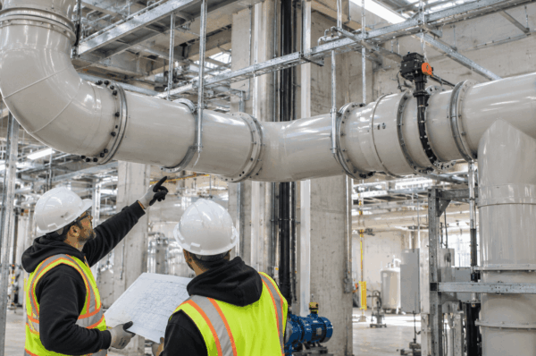 Installers checking PVC exhaust duct supports and alignment in an industrial ventilation system.