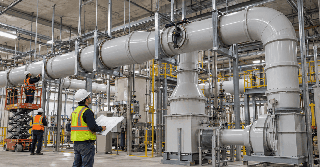 Industrial PVC exhaust duct supported on structural hangers inside a process facility.