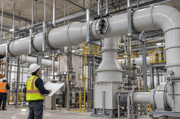 Industrial PVC exhaust duct supported on structural hangers inside a process facility.