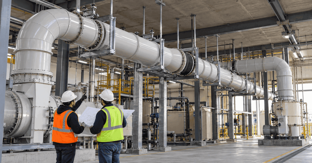 Industrial PVC and CPVC exhaust duct with supports and thermal movement provisions.