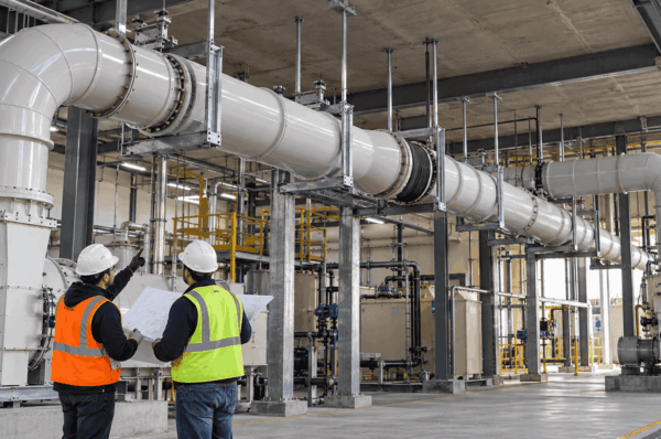 Industrial PVC and CPVC exhaust duct with supports and thermal movement provisions.