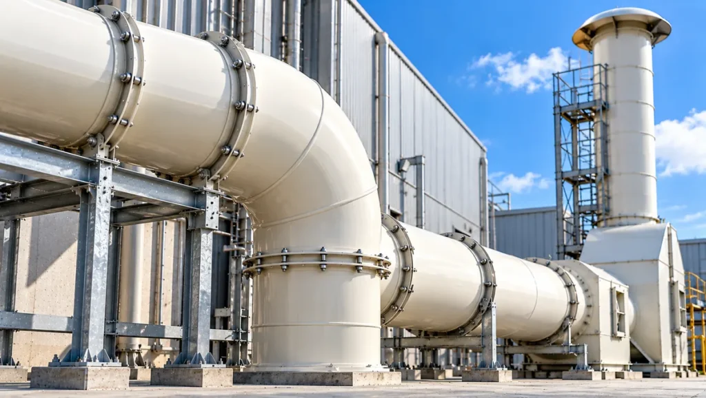 Custom PVC ductwork installed in an industrial ventilation system, featuring large duct sections, curved elbows, bolted flange connections, and structural supports.