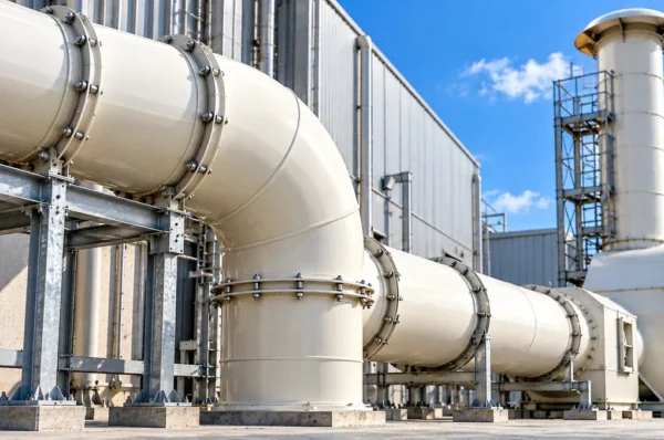 Custom PVC ductwork installed in an industrial ventilation system, featuring large duct sections, curved elbows, bolted flange connections, and structural supports.