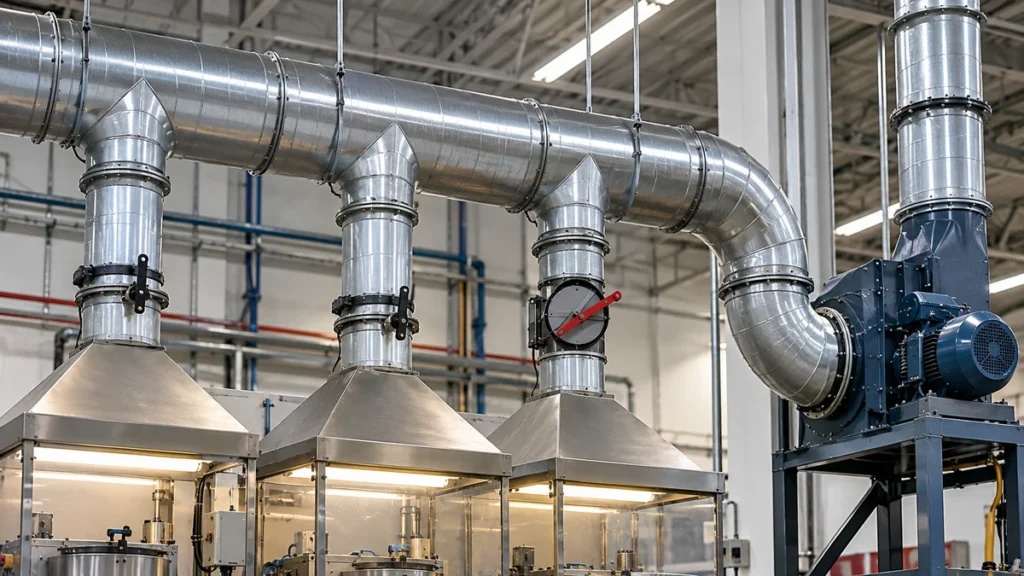 Industrial exhaust ductwork with multiple branches, dampers, and a centrifugal exhaust fan