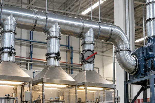 Industrial exhaust ductwork with multiple branches, dampers, and a centrifugal exhaust fan