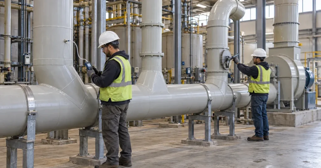 Technicians balancing airflow through branches of a PVC industrial exhaust duct system.