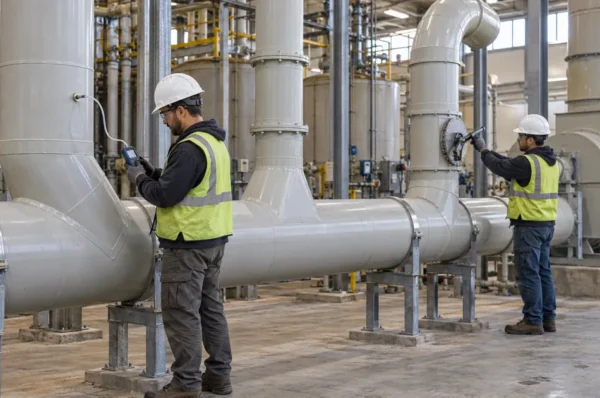 Technicians balancing airflow through branches of a PVC industrial exhaust duct system.