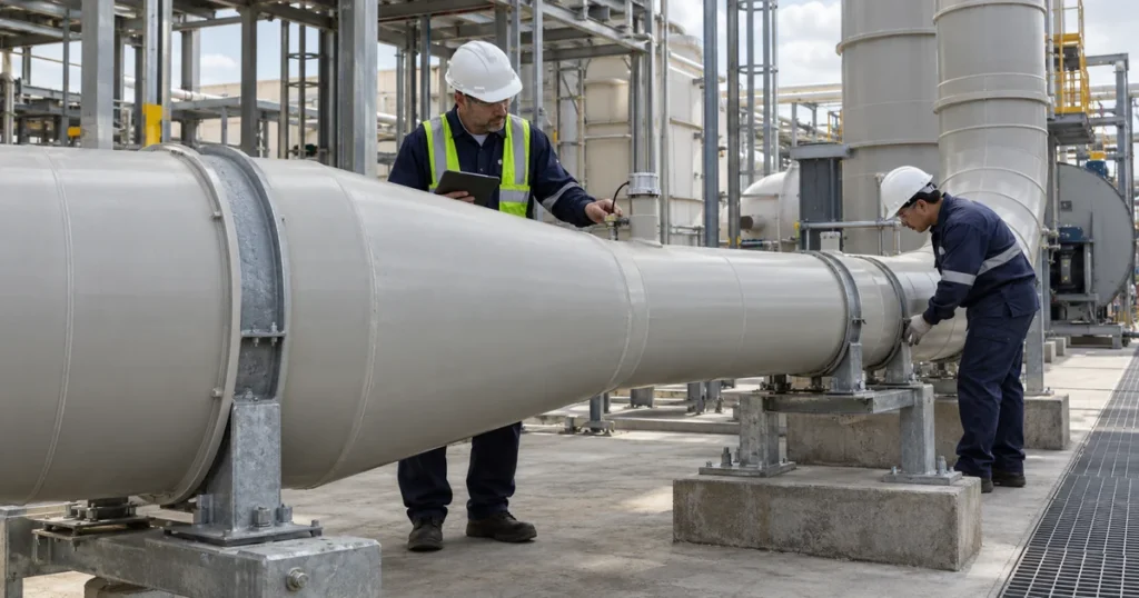 : PVC industrial exhaust duct reducer connecting two duct sizes in a process ventilation system.