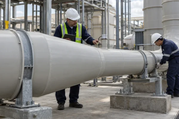 : PVC industrial exhaust duct reducer connecting two duct sizes in a process ventilation system.