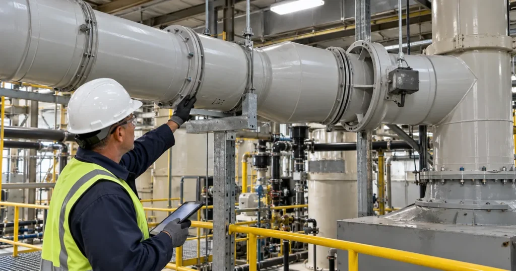 Facility engineer inspecting joints, supports, and fittings on an existing PVC exhaust duct system.