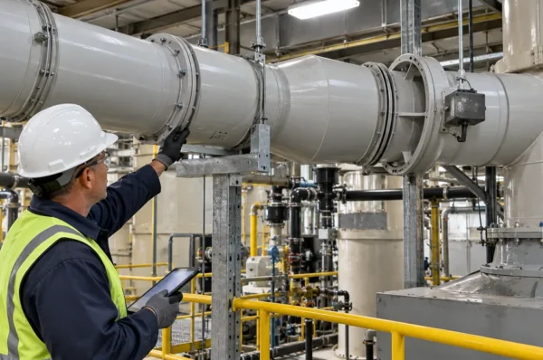 Facility engineer inspecting joints, supports, and fittings on an existing PVC exhaust duct system.